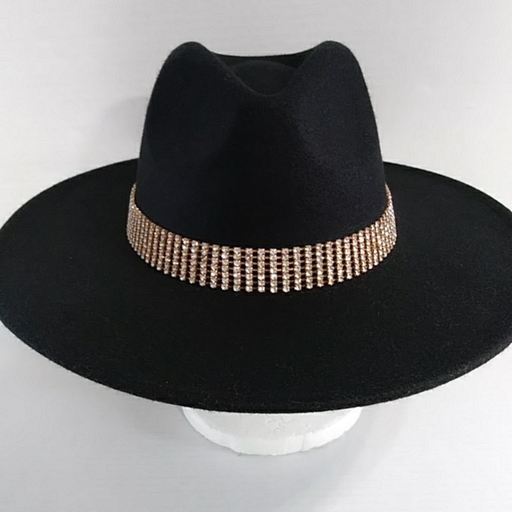 Black Fedora Hat With Gold Rhinestone Trim *EUC* - Picture 2 of 11